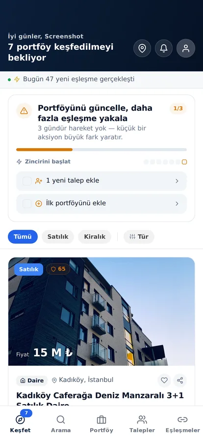 Keşfet ekranında portföy akışı